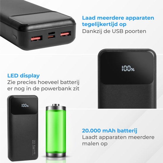Nuvance - Powerbank 20000 mAh - 22.5W Snellaad Functie - USB, USB-C & Micro USB - Universeel voor Smartphones, Tablets & Gadgets - Reis Powerbanks - Zwart