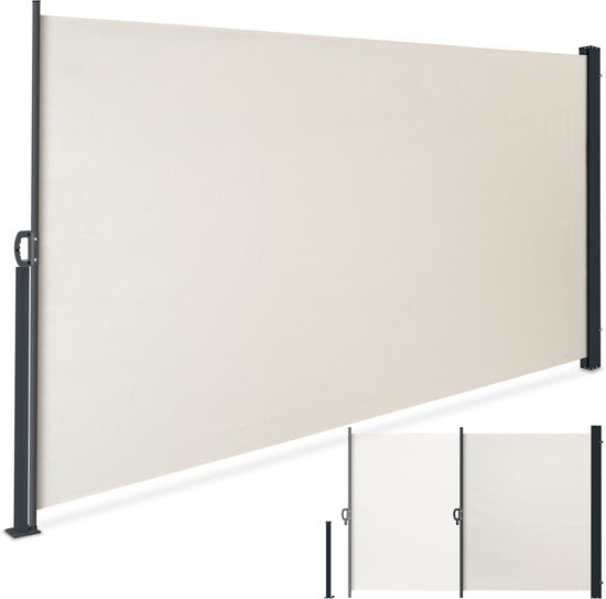 tectake® Uitschuifbaar Windscherm met Oprolmechanisme - 300 x 180 cm - Zijluifel met Aluminium Frame- Zonnescherm - Tuinscherm - Beige Balkonscherm - Ondoorzichtbaar Privacyscherm - Markiesdoek