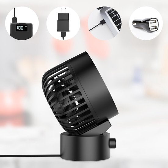 Northwall Mini USB Ventilator - Tafelventilator Zwart - Stille Mini Fan - Retro Bureau Ventilator - Klein, Stil en Geruisloos - Dual Motoren - Kantelbaar - 2 Snelheden
