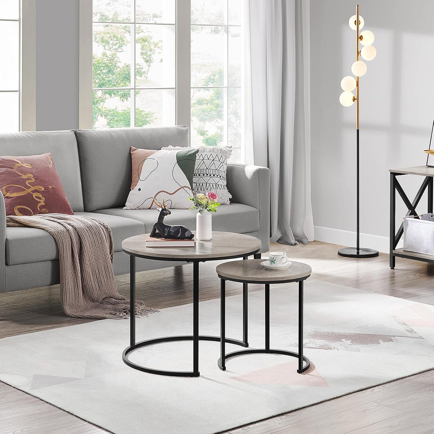 Yaheetech Salontafel Set van 2 Ronde Bijzettafels met Metalen Frame - Eiken Houtkleur