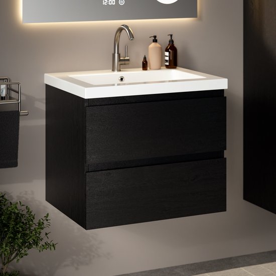 Mirlux Badkamermeubel Zwart Eiken 60 cm - Wastafel Wit - Badmeubel set - Wastafelmeubel Zwart Eiken