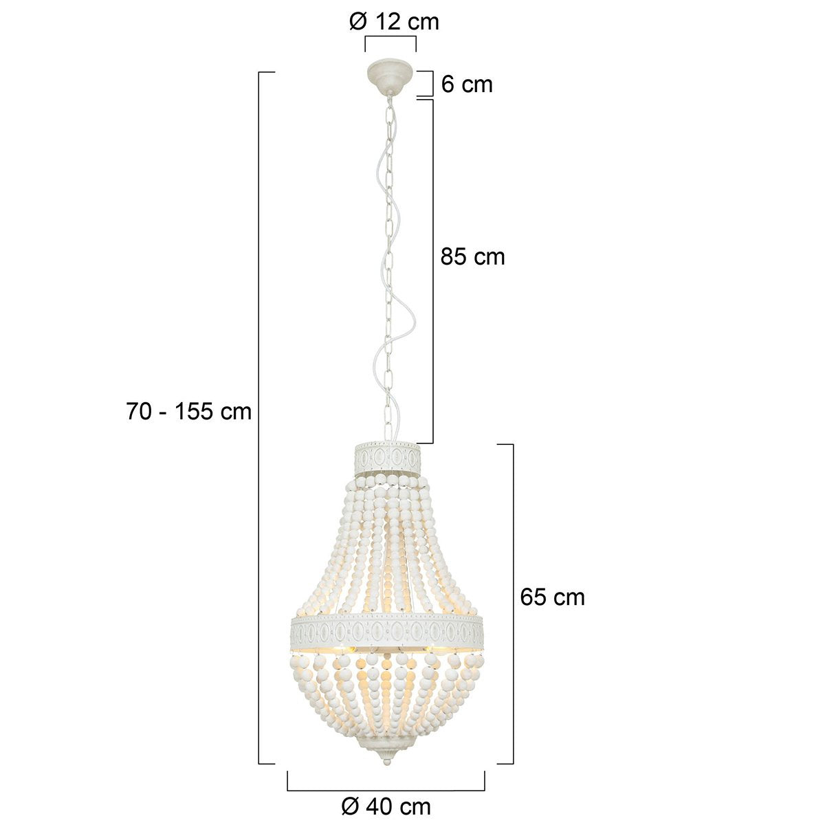 Hanglamp Ella 10191W - Trendy Witte Kralenlamp van Hout en Metaal, Verstelbare Hoogte 70-155 cm - Merk: Mexlite