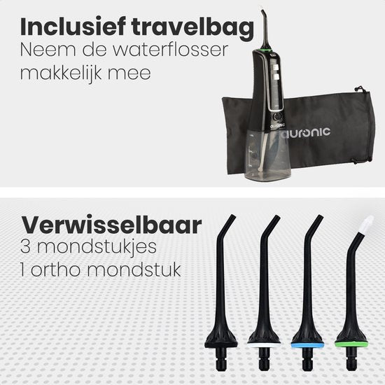 Auronic Waterflosser - Monddouche Elektrisch - 3 Standen - Draadloos en Oplaadbaar - 300 ml - 4 Opzetstukjes - Zwart