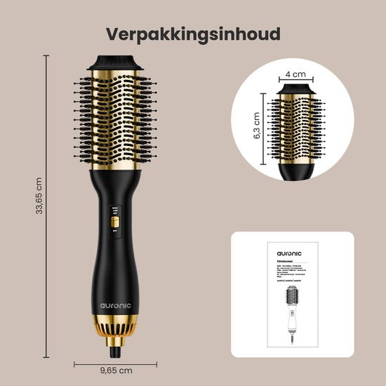 Auronic 4-in-1 Föhnborstel - Airstyler - Kammen - Stijlen - Krullen - Föhnen - 37 mm Krulborstel - 360 Graden Airflow - Zwart/Goud