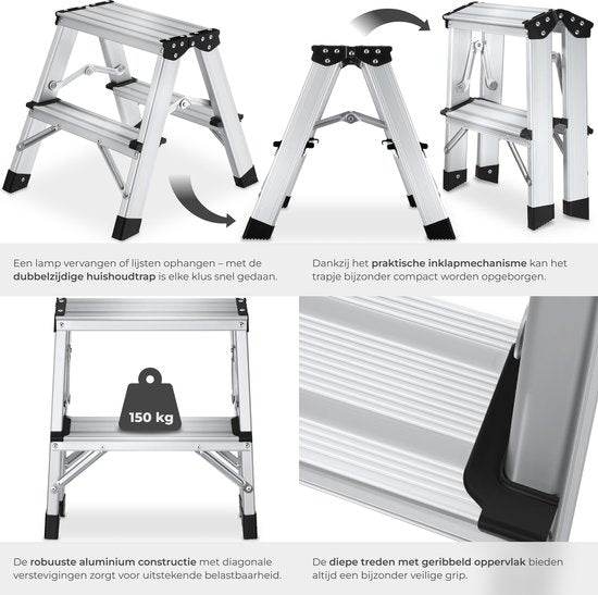 tectake® Dubbelzijdige Aluminium Keukentrap - 2 Treden - 38,5 cm - Stevige Trap Ladder - Opklapbaar Opstapje - Antislip Huishoudtrap