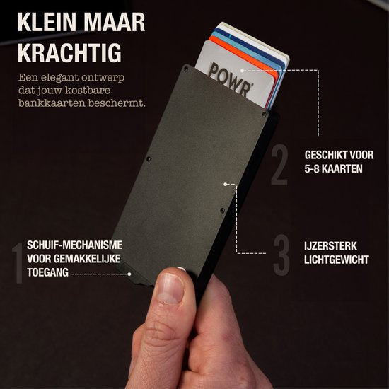 POWR Pasjeshouder Uitschuifbaar Zwart - Beschermhoes Bankpas Heren met Anti Diefstal - RFID Technologie - 5 Bankpasjes tot 8 Visitekaartjes - Aluminium Kaartenhouder Mannen - Anti Skim