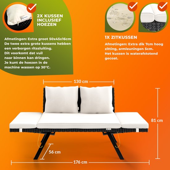Casaria Polyrattan Tuinbank – 176 cm Verstelbaar Incl. Kussens – Zwart