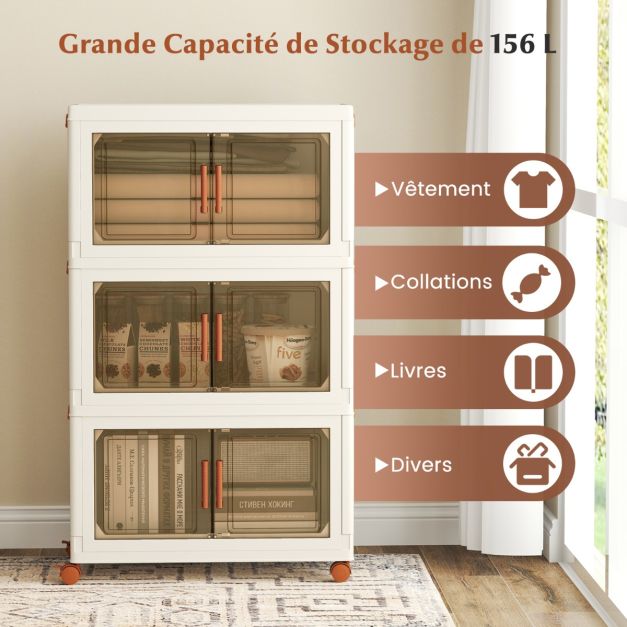Coast Opbergboxen Wit/Bruin – Opvouwbare Stapelbare Organizer met Deuren en Wielen – 57-156L