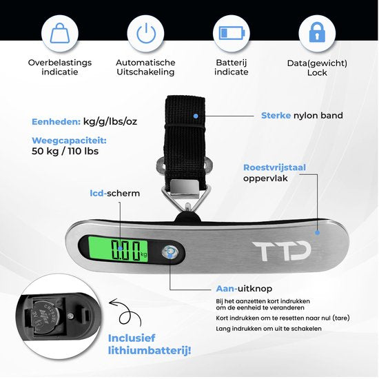 TTD® Kofferweegschaal met Verlicht Scherm - Weegcapaciteit 50 kg - Bagageweegschaal - Bagageweger - Hangweegschaal - Digital Luggage Scale - Kofferweger - Reizen met Vliegtuig - kg/g/lbs/oz - Inclusief Batterijen - Zwart