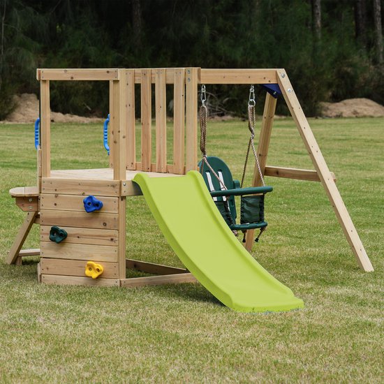 AXI Timo Mini Speeltoestel met Babyschommel, Klimwand en Krijtbord – Rode Glijbaan – FSC hout – Klein speeltoestel voor de tuin / buiten