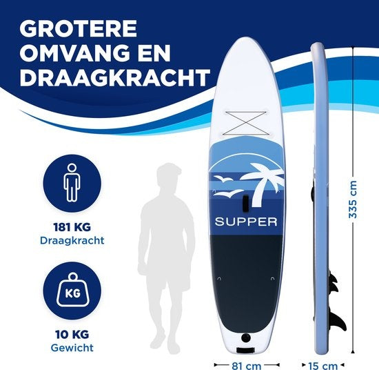 Supper Sup Board XL - Max. 180KG - Opblaasbaar – Verstelbare Peddel – Waterdicht Telefoonhoesje – Zitje – Pomp – Vin – Leash – Draagtas – 335 x 81 cm