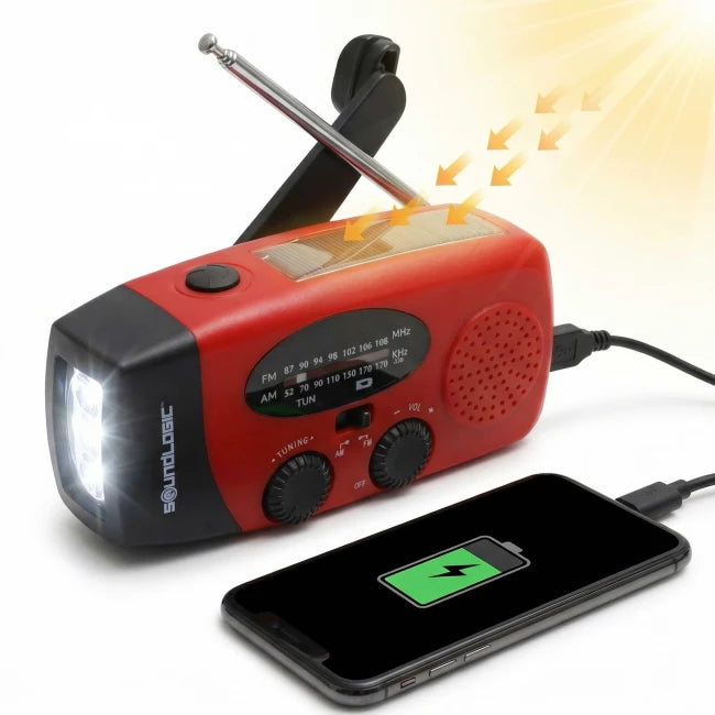 Soundlogic solar opwindbare noodradio - Powerbank 2000 mAh, zaklamp en SOS - Rood - 13 × 4,7 × 6,6 cm