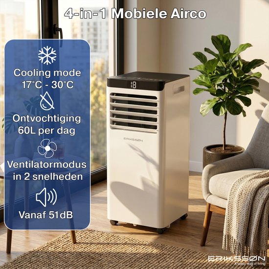 Erikssøn Mobiele Airco - 10.000 BTU - Incl. Raamafdichtingskit - Tot 30m² - 4-in-1 - Airconditioning - Ventilator - Ontvochtiger - Wit