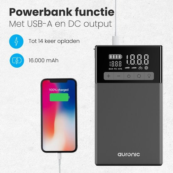Auronic 12V Jumpstarter – Starthulp voor Auto's - Met Compressor en Bandenpomp – 1500A - 4L Diesel 8L Benzine - Zwart/Grijs