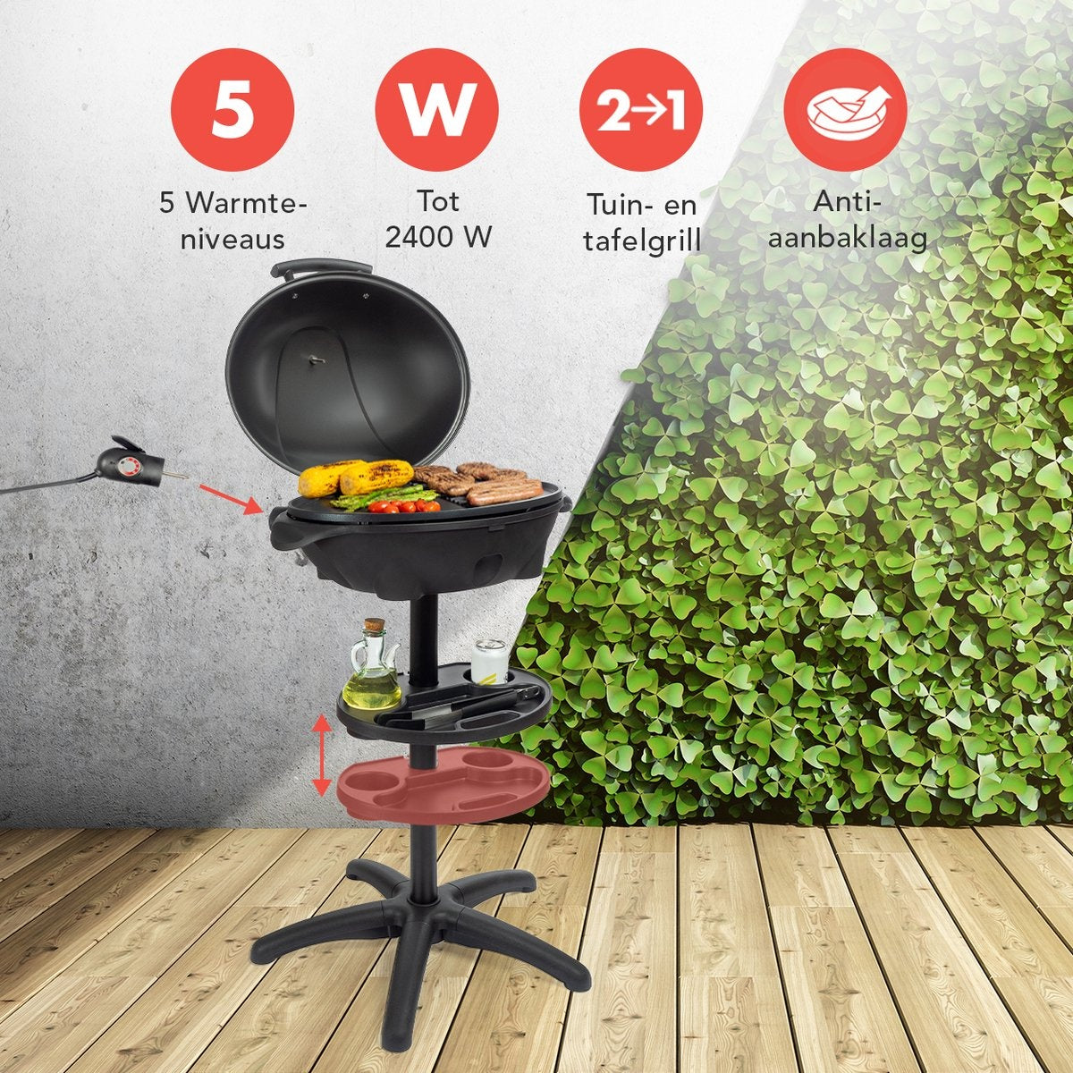 KitchenBrothers Elektrische BBQ - met Grillplaat - Anti-aanbaklaag - Incl. Plank/Houders - Grilloppervlak 46,5x33,8cm - tot 300°C - 2400W - Zwart