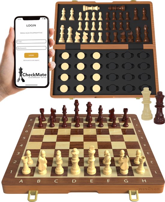 Windsor Schaakbord met Schaakstukken - Damstenen - 40 cm - Annotaties - Schaakset - Magnetisch Schaakspel - Chess Set - Hout