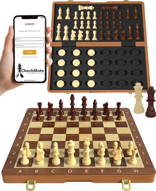 Windsor Schaakbord met Schaakstukken - Damstenen - 40 cm - Annotaties - Schaakset - Magnetisch Schaakspel - Chess Set - Hout