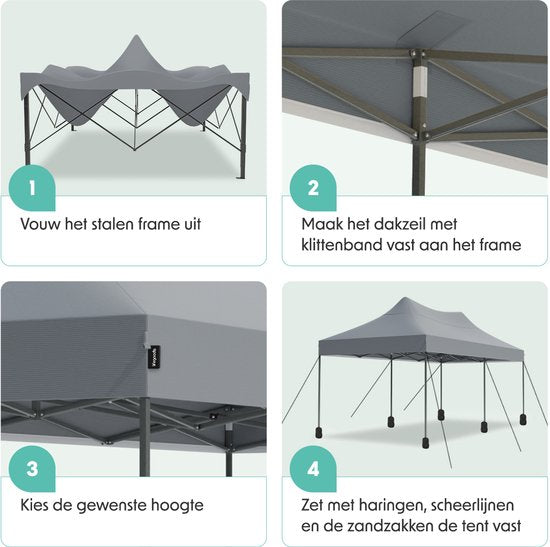 LifeGoods Partytent - Opvouwbaar - 3x6 m - Easy Up - Paviljoen - Waterdicht - Draagtas met Wieltjes - Donkergrijs