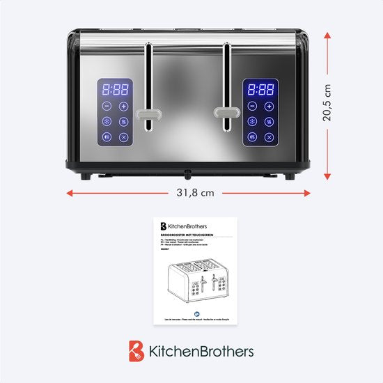 KitchenBrothers Broodrooster - Toaster - 6 Warmteniveaus - 4 Extra Brede Sleuven - Touch display - 1630W - RVS/Zwart