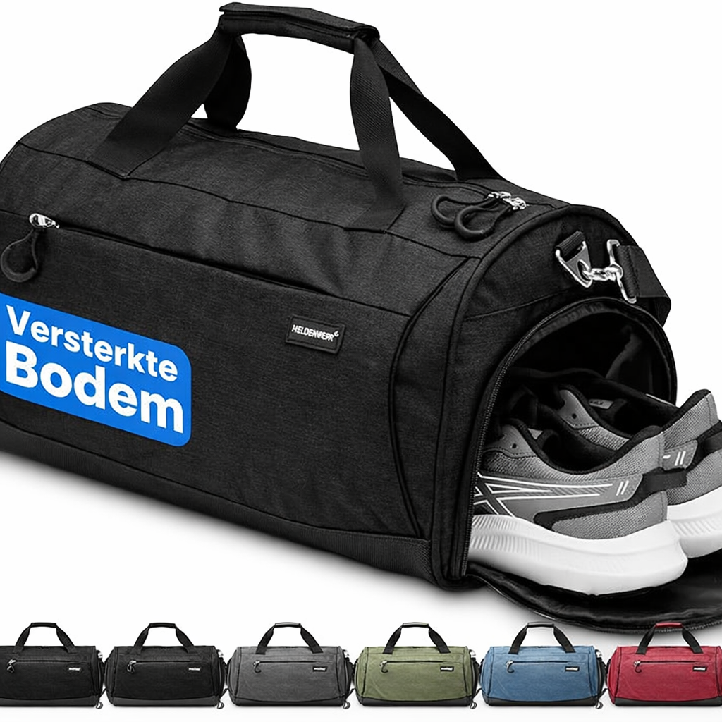 Heldenwerk Sporttas met schoenenvak en nat vak, trainingstas voor dames en heren, ideaal als reistas, fitnesstas, trainingstas of sporttas, zwart, Sporttas met schouderriem