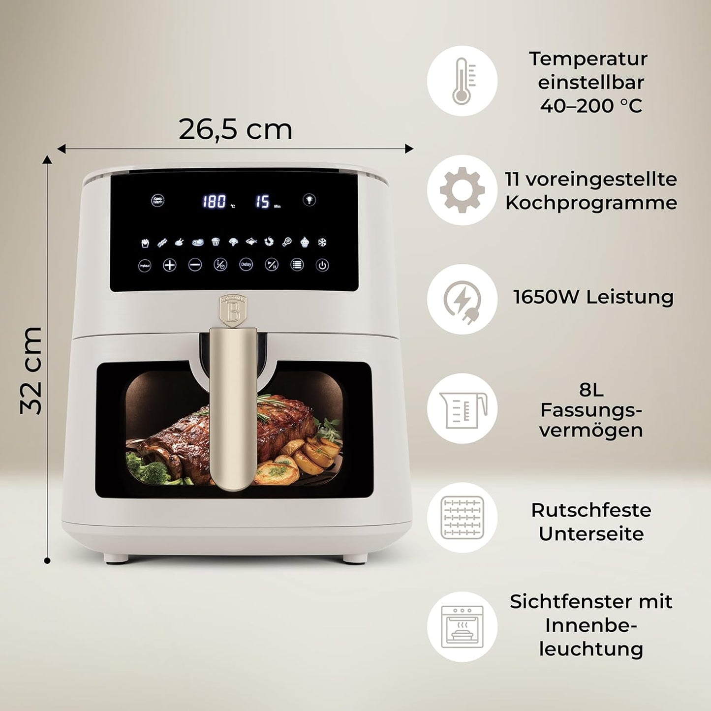 Berlinger Haus Airfryer 8 Liter - Matte Crème - Digitaal Touchdisplay - 1650W - 33 x 36,5 x 36,5 cm