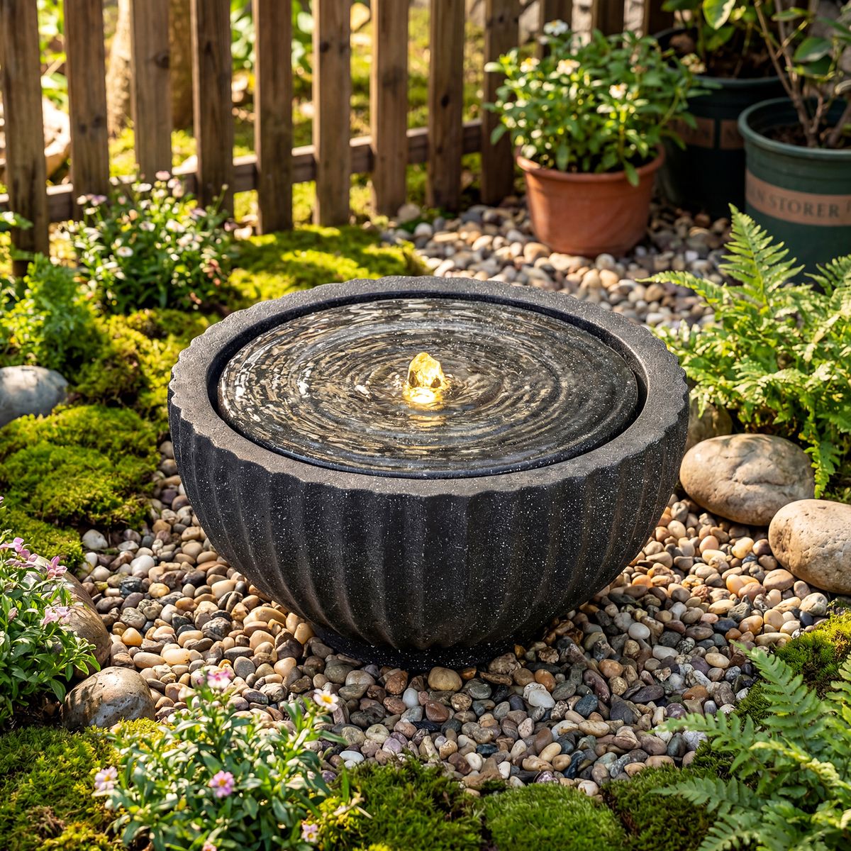 Coast Ronde Tuinfontein - met LED-verlichting - steenlook - 45 x 45 x 23,5 cm - zwart