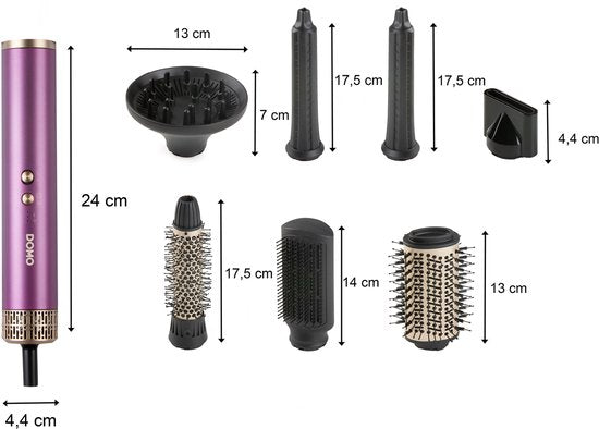 DOMO DO54782HS 7-in-1 Airstyler - Fohnborstel - Multistyler - Krulborstel - Stijlborstel - Fohn met 7 Opzetstukken - Paars/Goud
