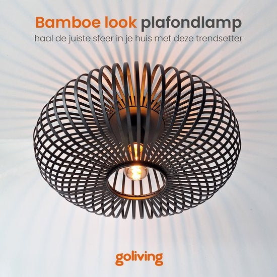 Goliving Plafondlamp – Plafonnière – E27 – Metaal – Bamboo Look – Ø 40 cm – Zwart