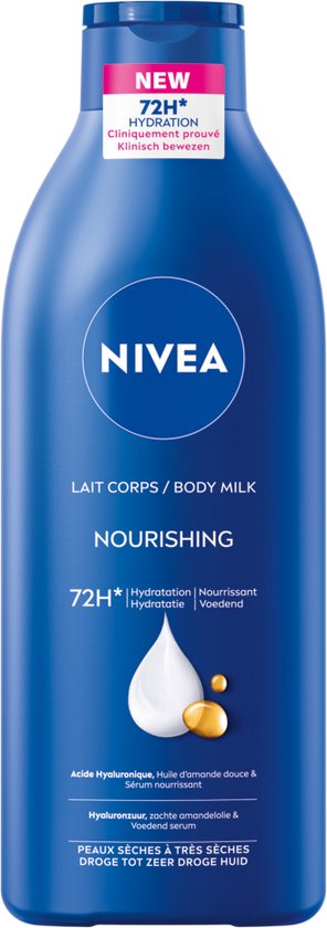 NIVEA Verzorgende Body Milk - met Hyaluronzuur Zachte Amandel Olie en Voedend serum - Body Melk met 72 Uur Hydratatie - Voor Droge tot Zeer Droge Huid - 400 ml