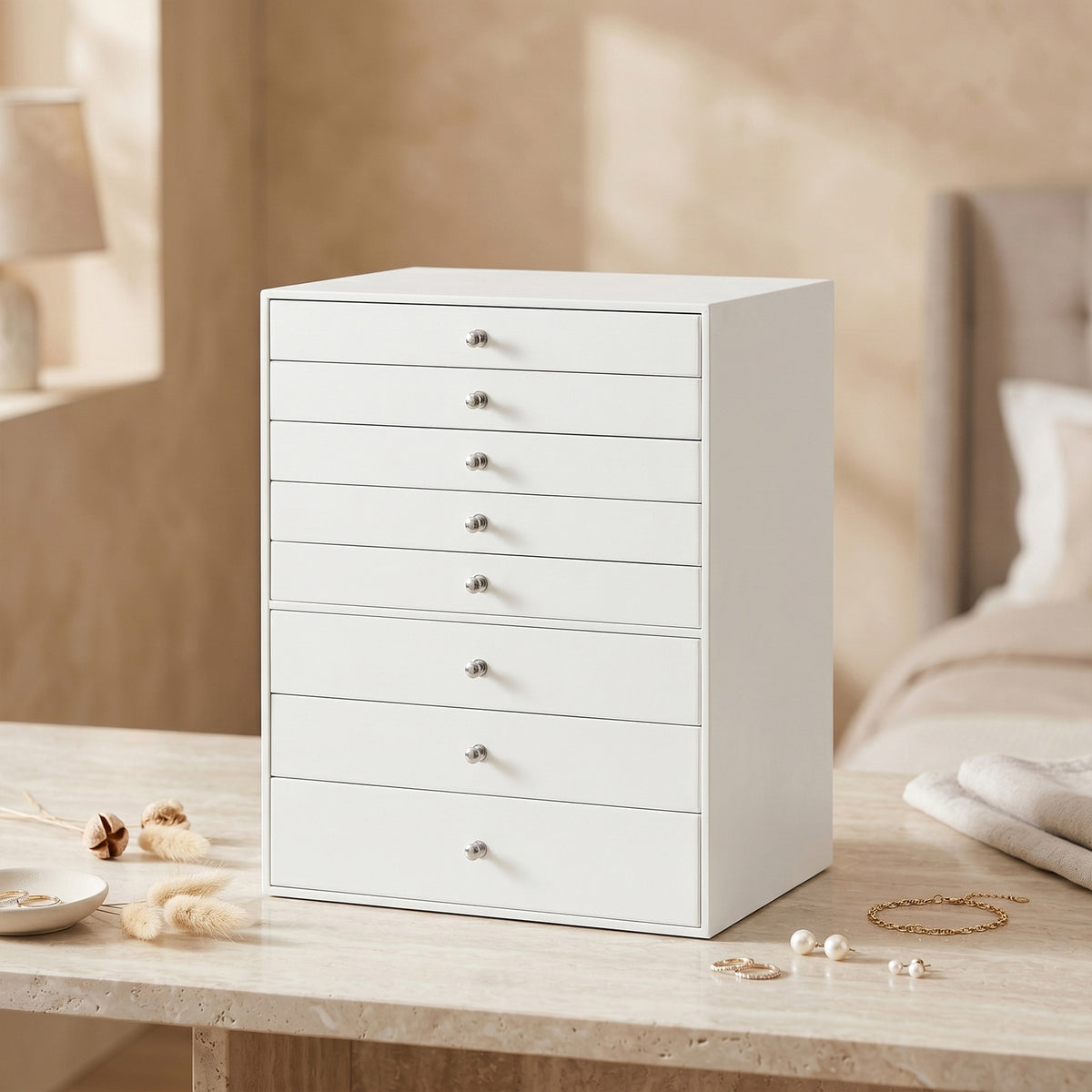 JOYFURNOS Sieradendienblad met Lades, 8-Laags Opbergdoos, Grote Capaciteit, Moderne Cadeau-idee, voor Slaapkamer, Wit