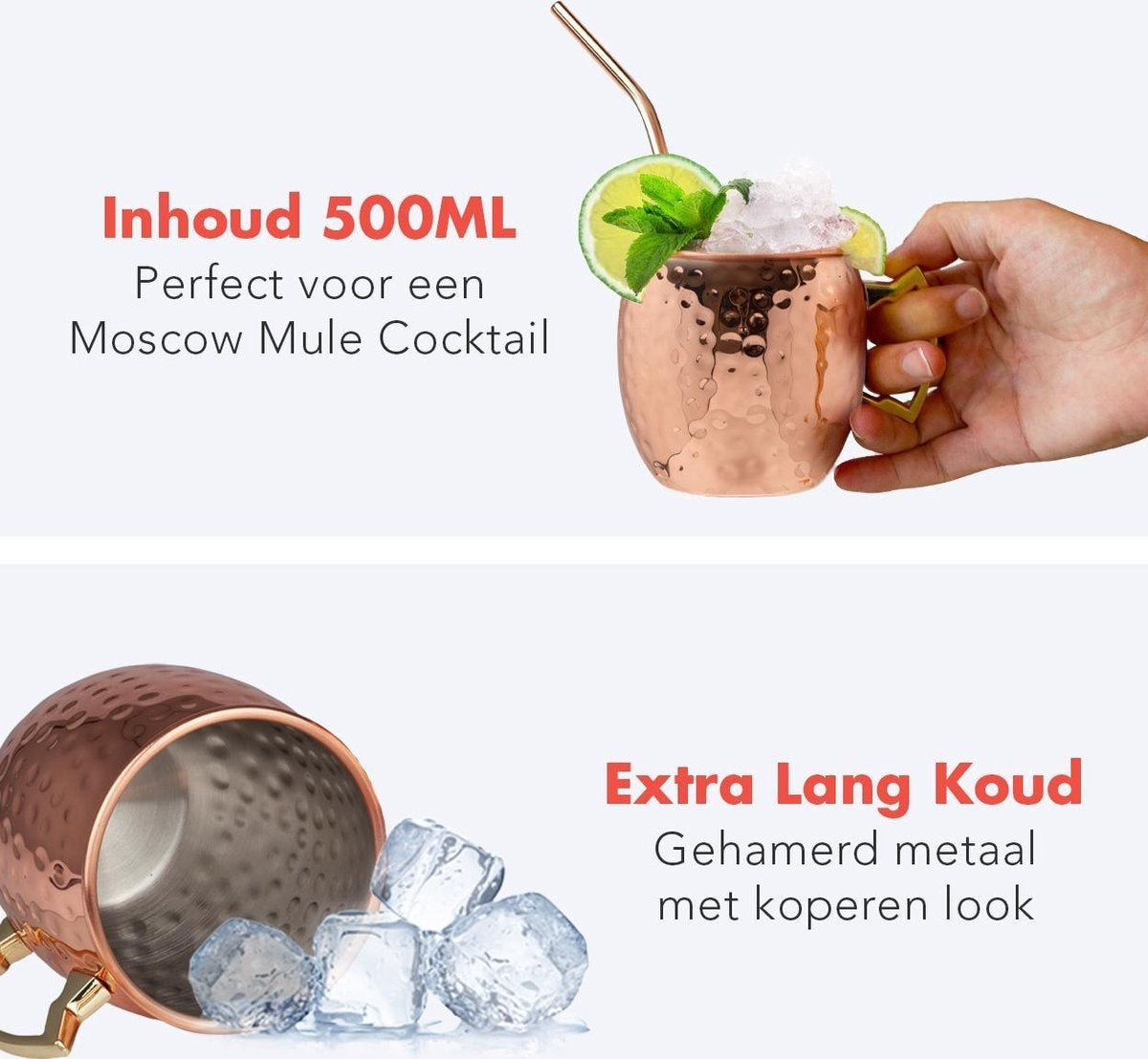 KitchenBrothers Moscow Mule Bekers - Cocktailglazen met Rietjes - 4 Stuks - Verkoperd - 500ML