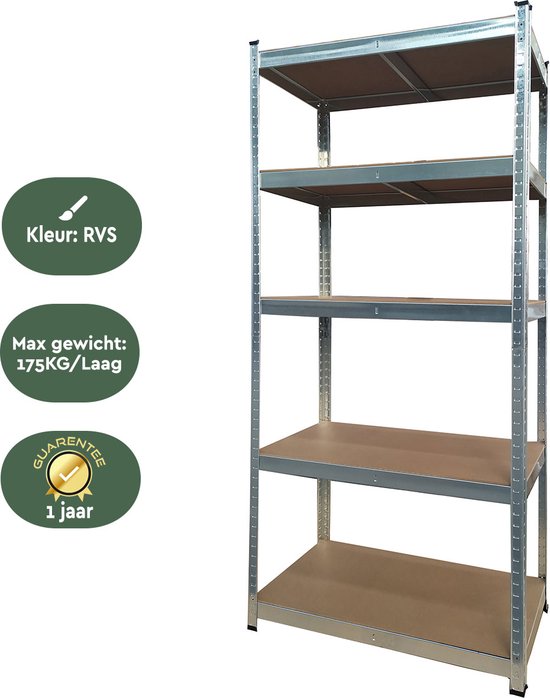 BRASQ Metalen Stellingkast - 5 Lagen - 180x90x40cm - 175 KG/plank - 875 KG max - Zilver