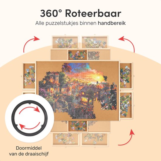 Draaibaar Puzzelbord met Opbergsysteem - 6 lades - 1500 stukjes - Houten - Puzzeltafel - Puzzelplank - Puzzelmap - Puzzelplaat - Incl. Bescherm cover - Puzzel - mat - Koffer - Sorteerbakjes