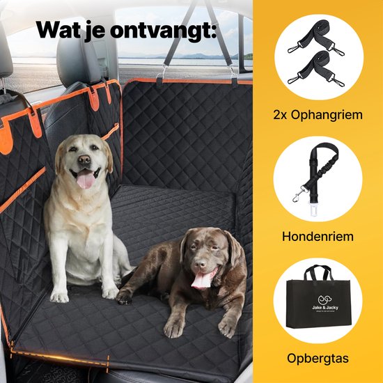 Jake en Jacky Hondendeken XXL Met Achterbankverlenger - Autodeken Hond Met Harde Bodem - Beschermhoes Auto - Hondenkleed - Inclusief Autoriem & Opbergtas