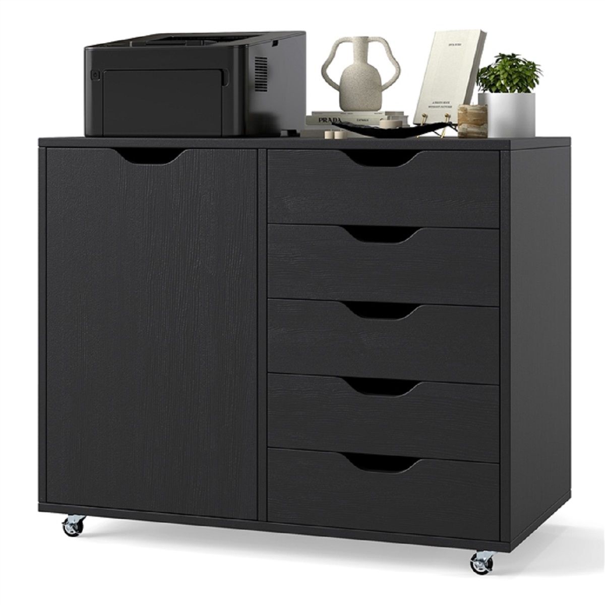 Coast Rollcontainer met 5 lades - deur en werkblad - met wielen - zwart - 79 x 39 x 65 cm