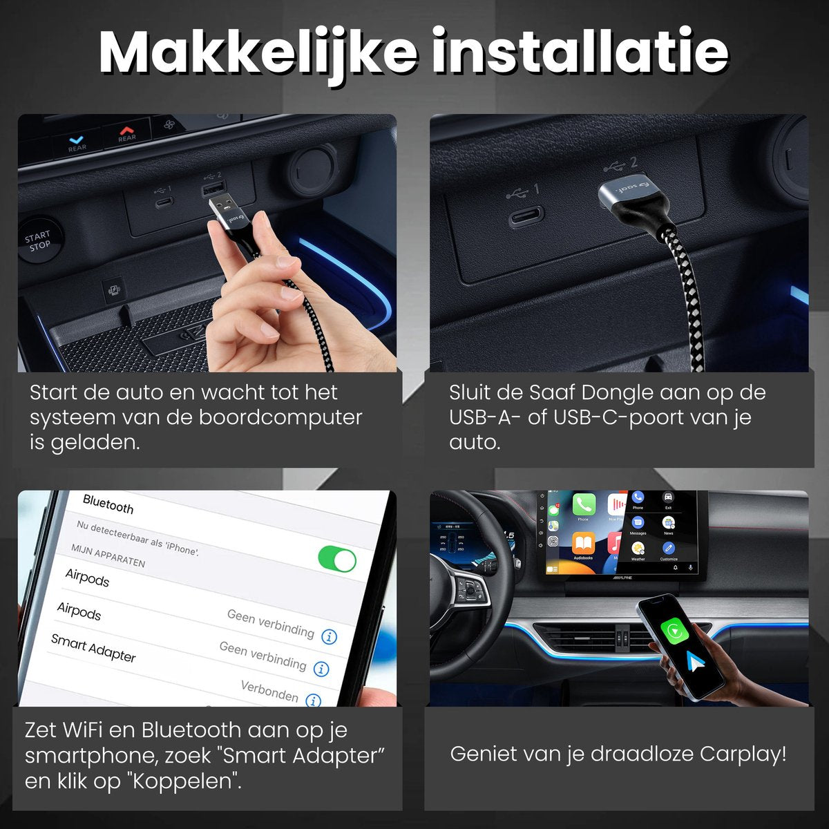 Saaf D200 Plus Apple CarPlay & Android Auto Dongle – Draadloos – USB-C & USB-A – Compact 6,5 x 3,5 x 1,2 cm