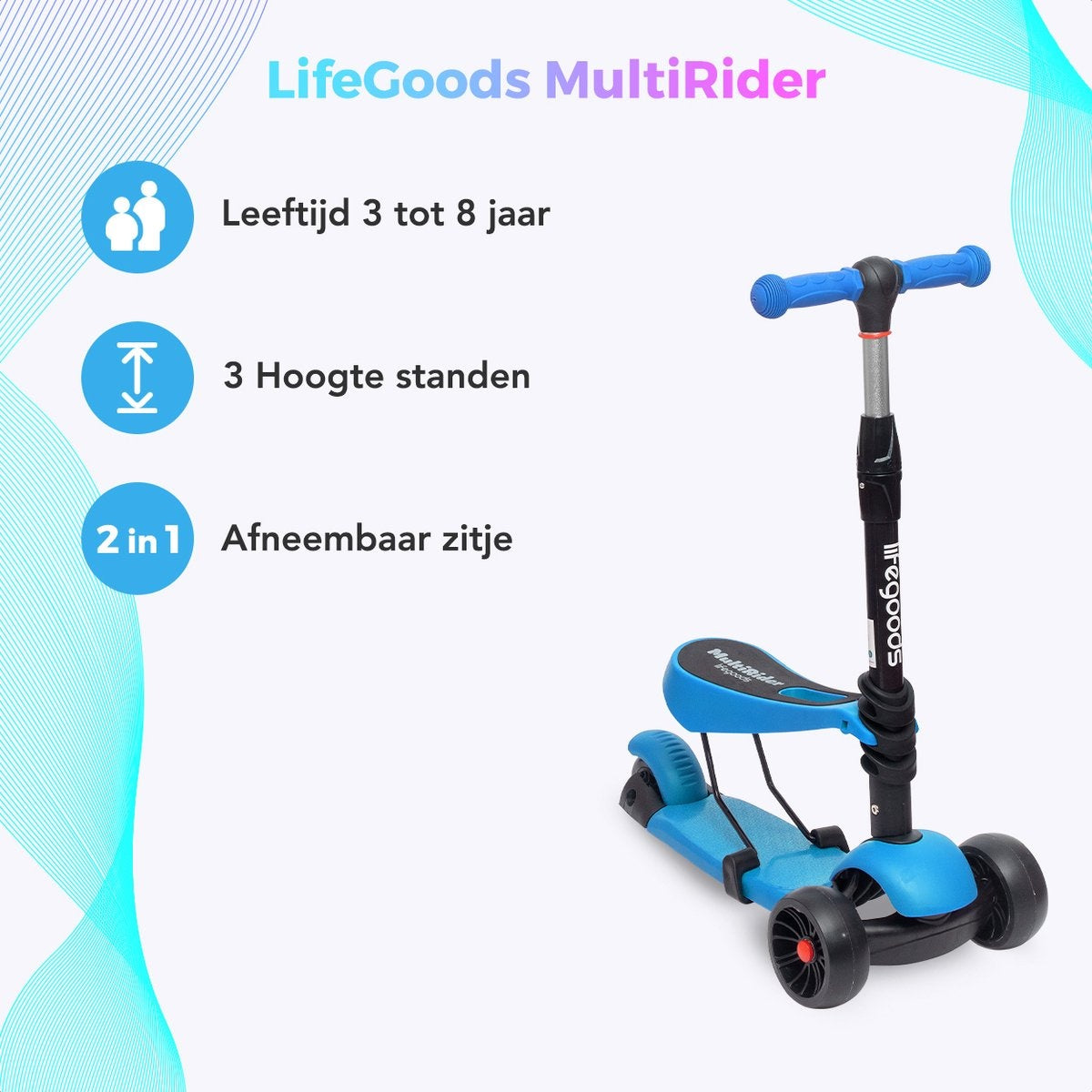LifeGoods MultiRider Kinderstep - Step 3-8 Jaar - Verstelbaar Zitje - Lichtgevende Wielen - Jongens/Meisjes - Blauw