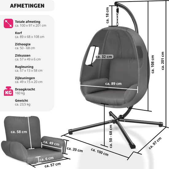 tectake® Hangstoel met frame - Schommelstoel met kussen + rugkussen - Meubels voor woonkamer of slaapkamer - Balkonmeubilair - Binnen of buiten - Tot 160kg - Antraciet