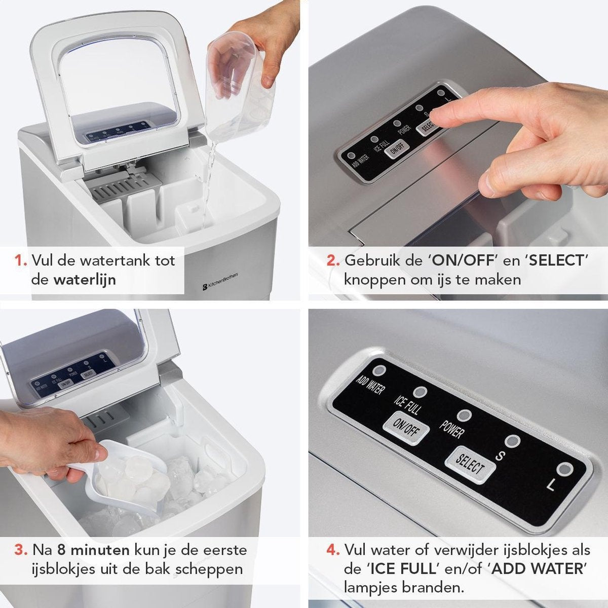 KitchenBrothers - IJsblokjesmachine inclusief ijsschep - 2 Liter - Zilver