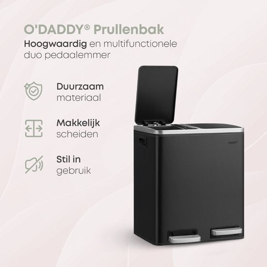O'DADDY® Prullenbak Afvalscheiding - Softclose 2x 15L Capaciteit - Incl. Afvalzakken - Metaal/Zwart