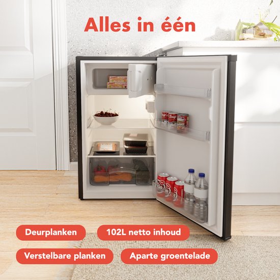 KitchenBrothers Koelkast - 88L Koelvak - 14L Vriesvak - IJskast - Koelvriescombinatie - Frigo - Vrijstaand - Zwart