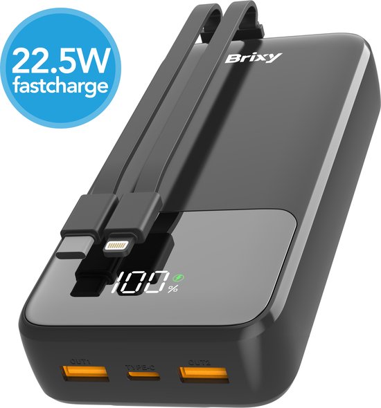 Brixy Powerbank - 20.000 mAh - 22.5W Snellader - LED Display - USB-A/USB-C - Voor O.a. iPhone & Samsung - Zwart