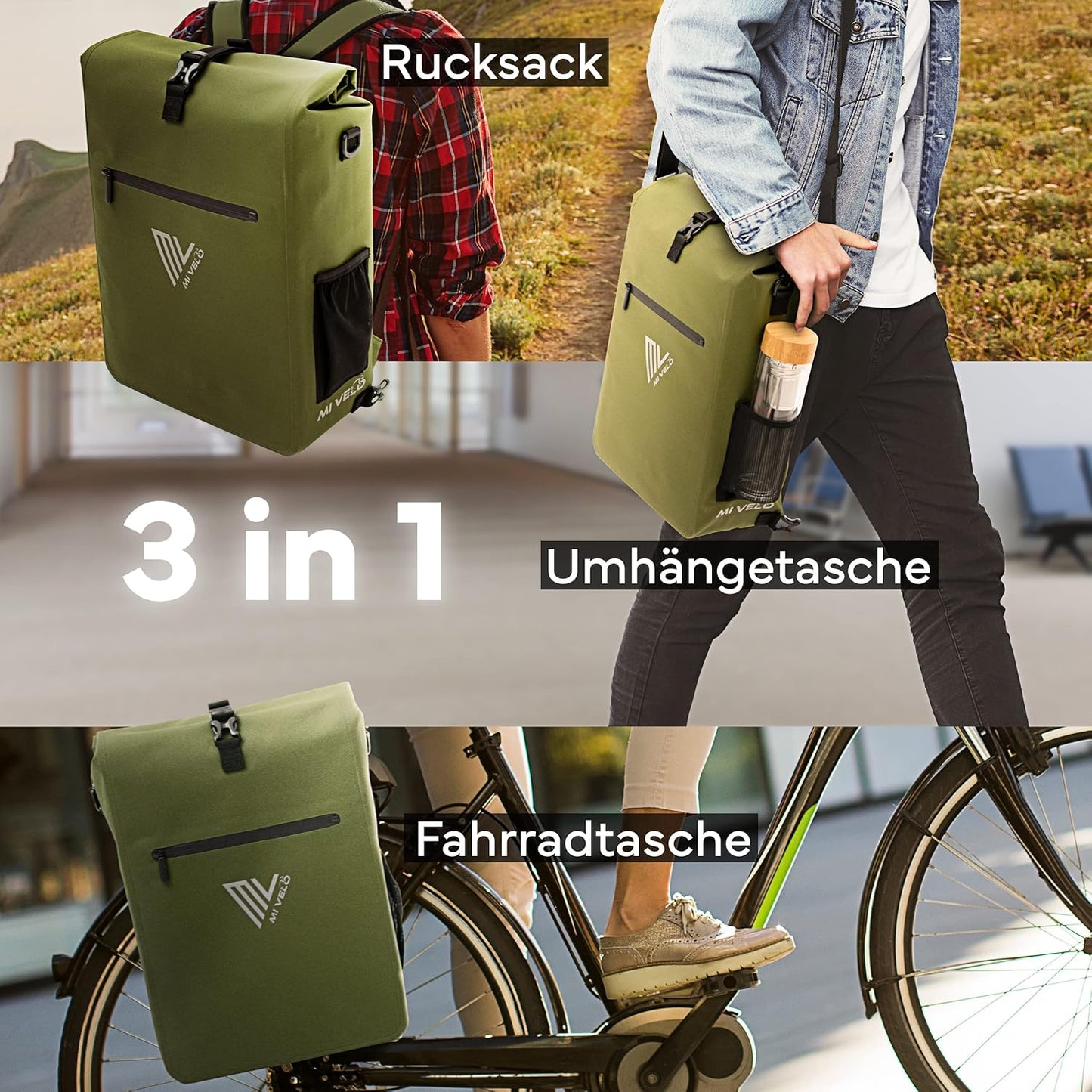 MIVELO 3-in-1 Fietstas voor Bagagedrager - 100% waterdicht - PVC-vrij - Olijfgroen – 25L