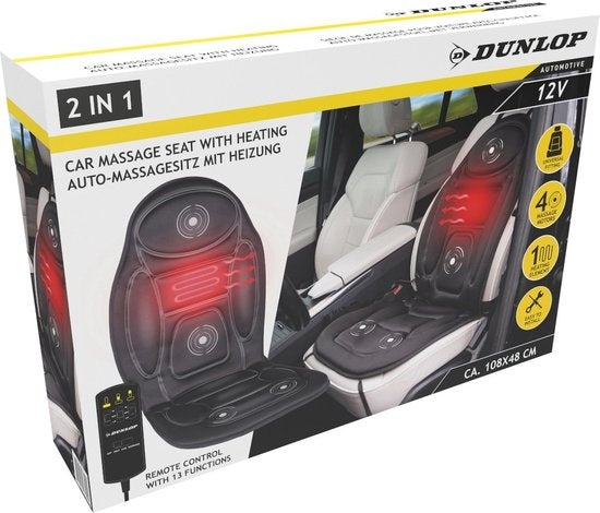Dunlop Massagestoel Auto met Verwarmingsfunctie - 108 x 48 CM - 4 Massagemotoren en 1 Verwarmingselement - Aansluiting op Sigarettenaansteker Auto - Afstandsbediening met 13 Standen - Zwart