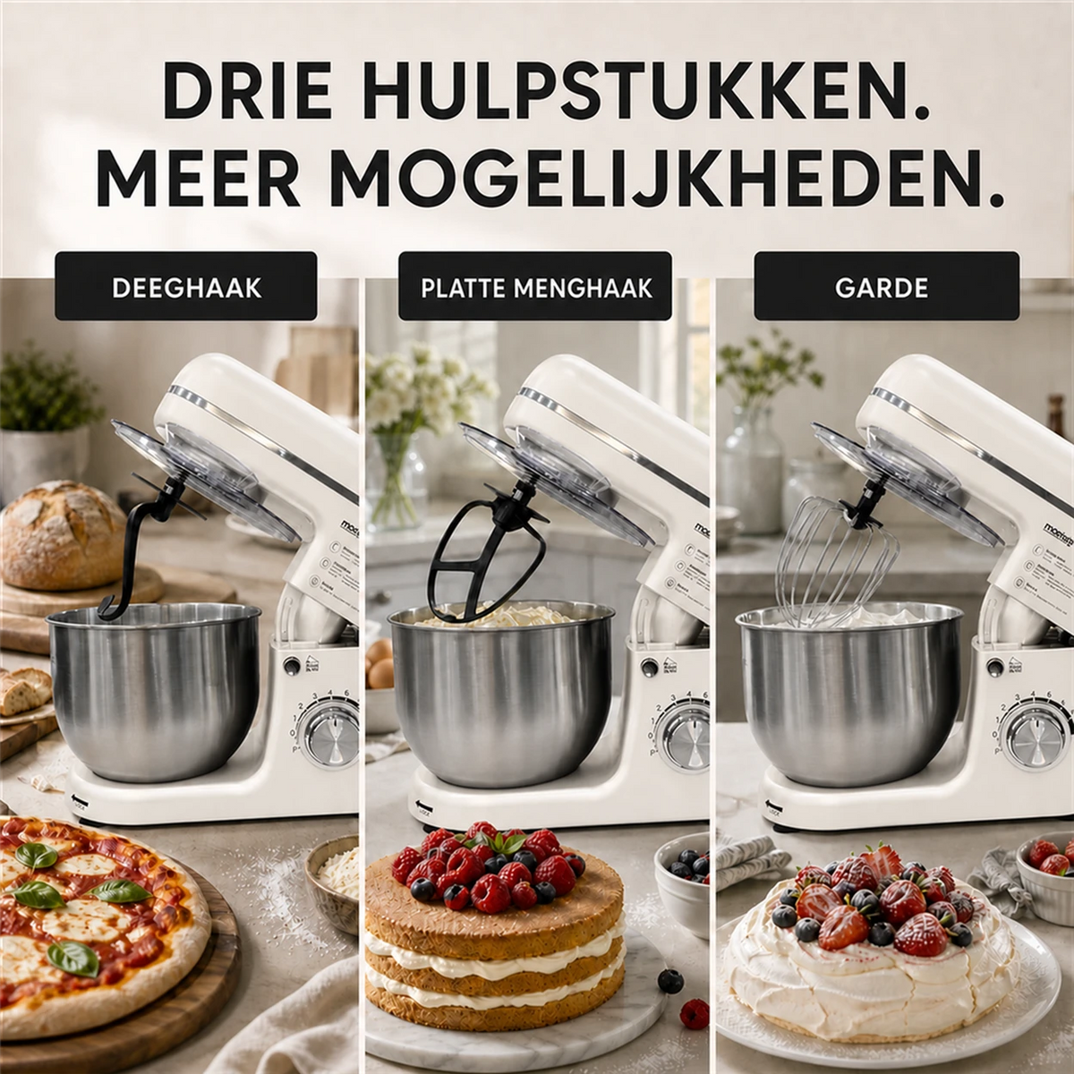 MONSGA SM100 keukenmachine - 1000 W - 5 L mengkom - crèmewit
