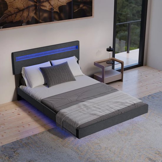 Zwevend bed Lissabon - 140x200cm - Kunstleer - Incl. LED - Donkergrijs