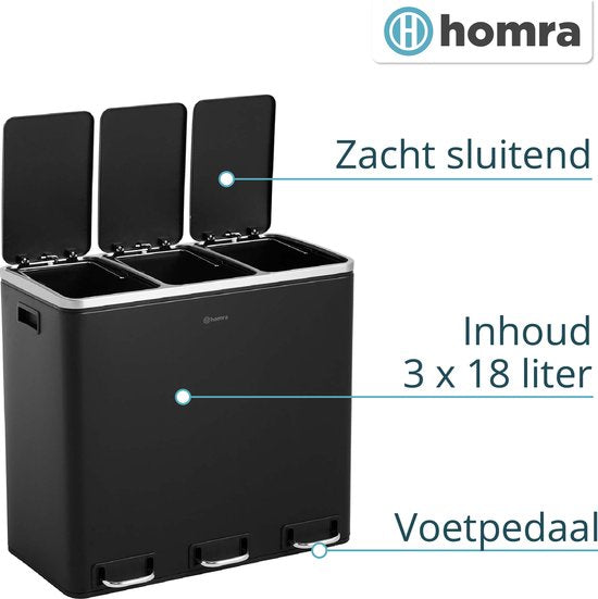 Homra Sparq Pedaalemmer 54 Liter - Zwarte Prullenbak 3 vakken - Trio Prullenbak 3 X 18 Liter - Prullenbak Afvalscheiding - Vuilnisbak voor huishouden en kantoor - Recycle Vuilbak keuken Afvalemmer - Afvalscheidingsprullenbakken