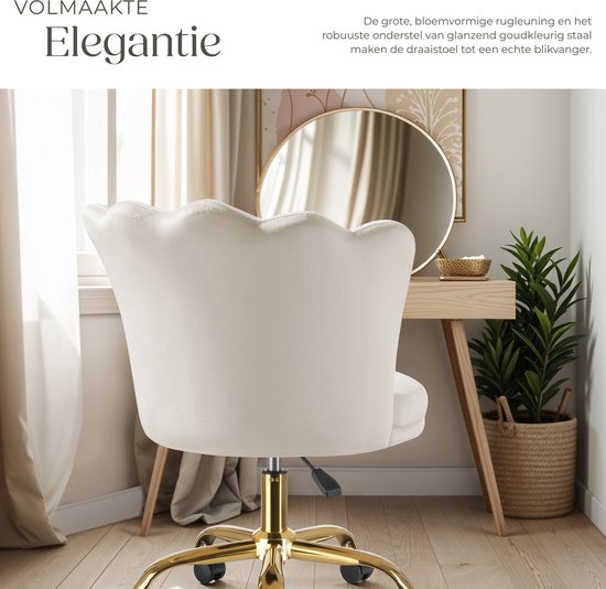 tectake® Bureaustoel - In hoogte verstelbaar draaifauteuil met fluwelen bekleding - Ergonomische schelpvorm - Stoel met wielen - Eetkamerstoel op wieltjes - 360° draaibaar - Bureau Stoel - Wit