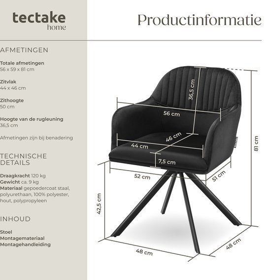 tectake® Fluwelen draaistoel - Bureaustoel - Eetkamerstoel met armleuningen - Fluwelen bureaustoel, keukenstoel, woonkamerstoel - 56 x 59 x 81 cm - Zwart/zwart