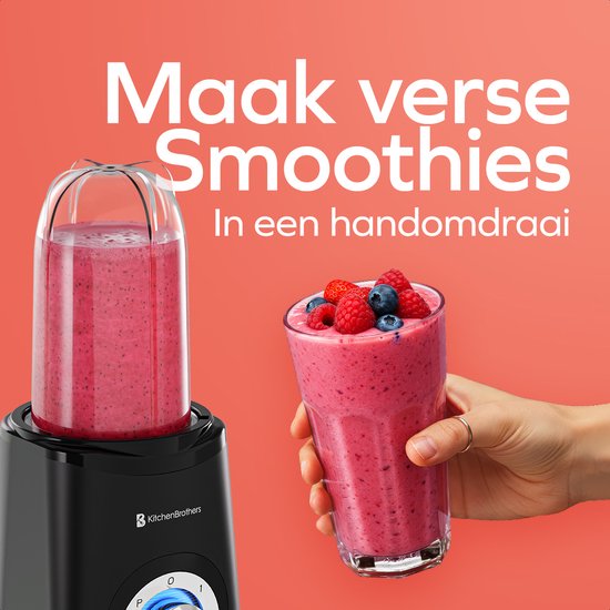 KitchenBrothers Smoothie Blender - 2-in-1 - Blender to Go - 4 Bekers - Smoothie Maker To Go - Mini Blender - Zwart